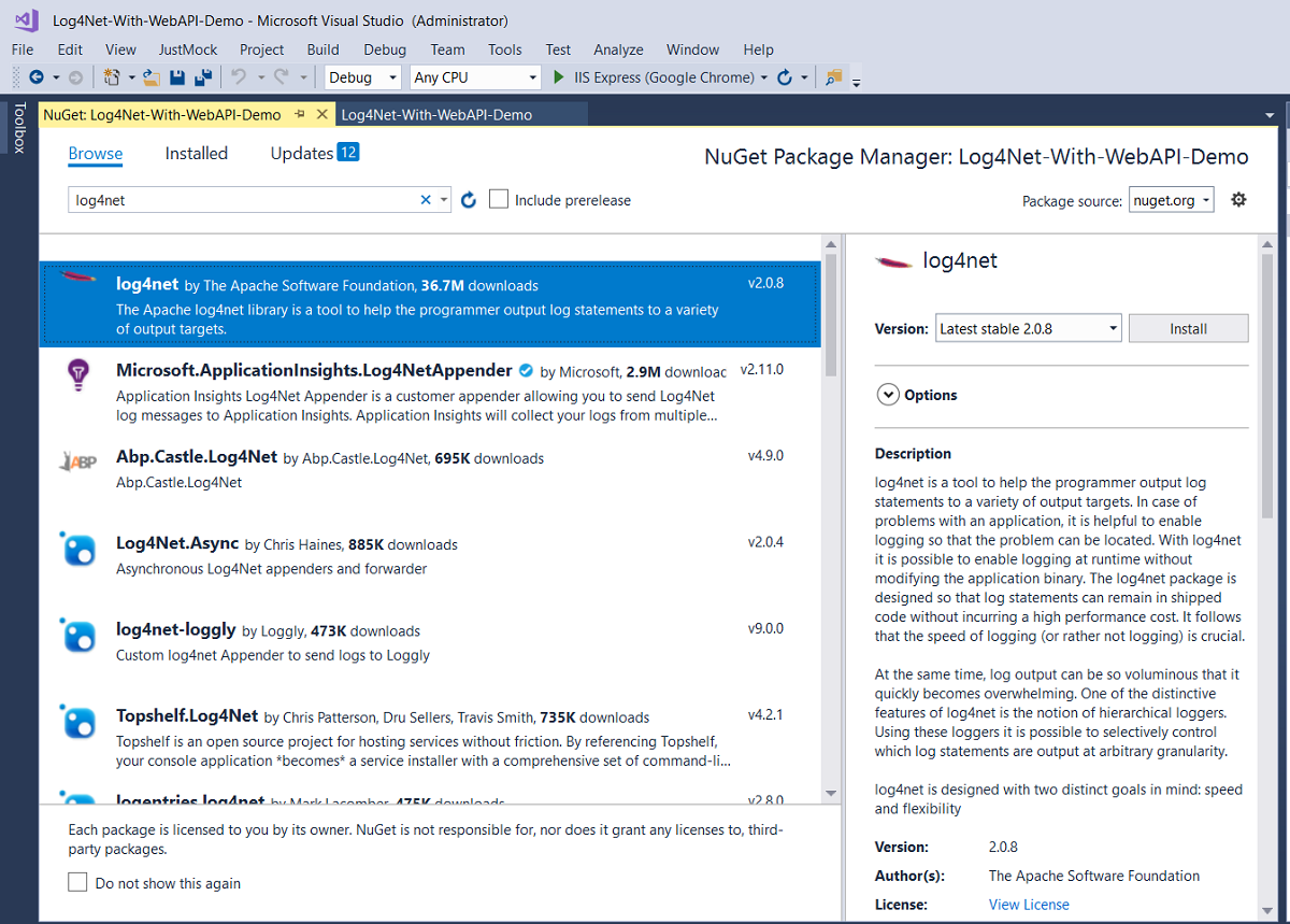 Integrating Log4Net with ASP.NET Web API2 and SQL Server