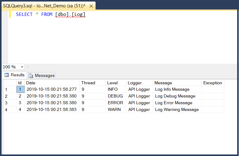 Integrating Log4Net with ASP.NET Web API2 and SQL Server